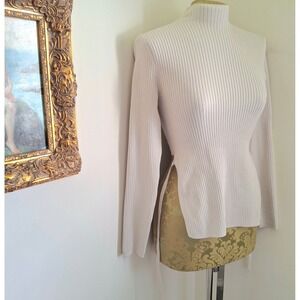 Babaton Ribbed Mock Neck Low High Tie Back Sweater Beige XS Minimalist Modern